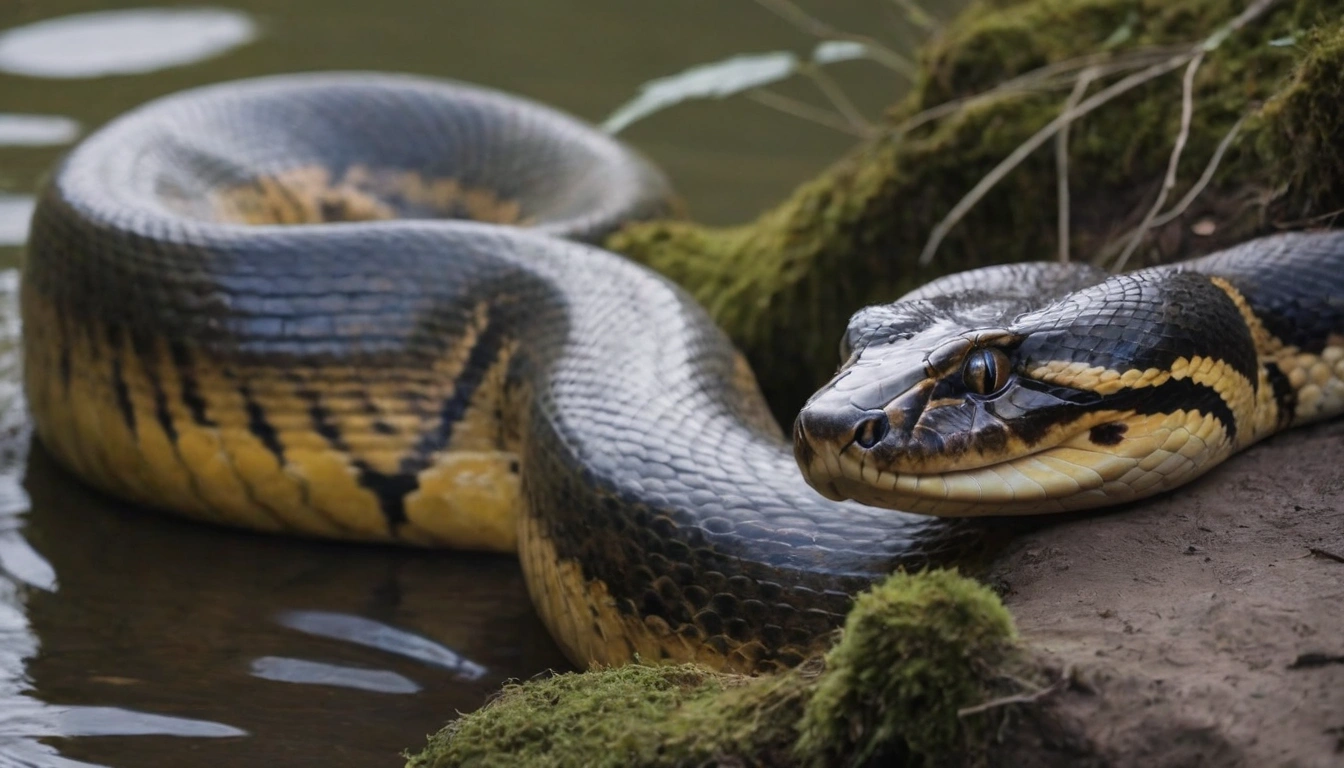 Anaconda serpenteando en un ambiente acuático, un potente depredador capaz de enfrentarse a cocodrilos americanos