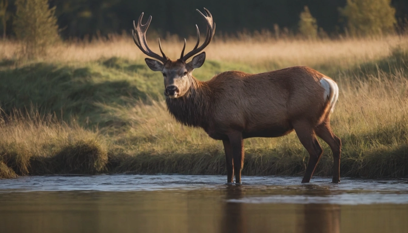 Ciervo en su hábitat natural, cerca de un cuerpo de agua, potencial presa del cocodrilo americano