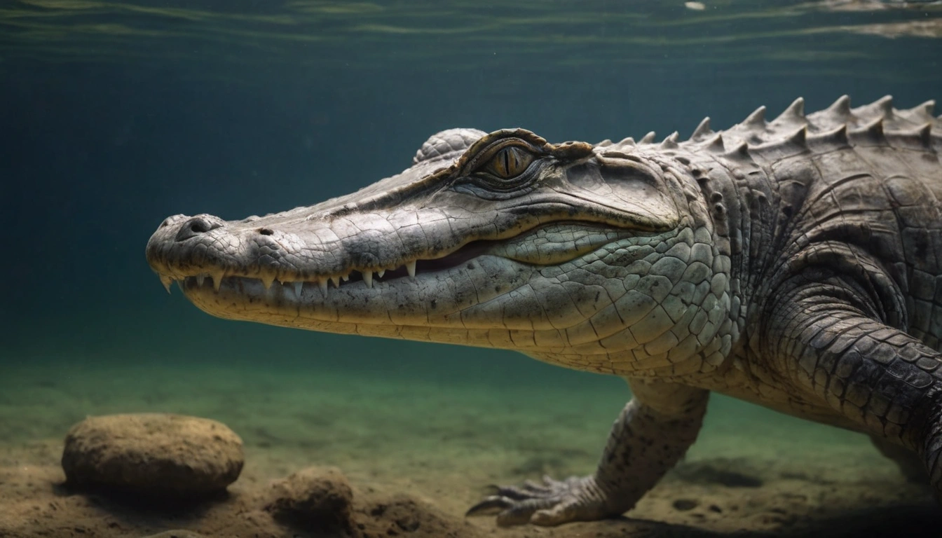Cocodrilo completamente sumergido debajo del agua con los ojos atentos y alertas mientras busca su próxima comida