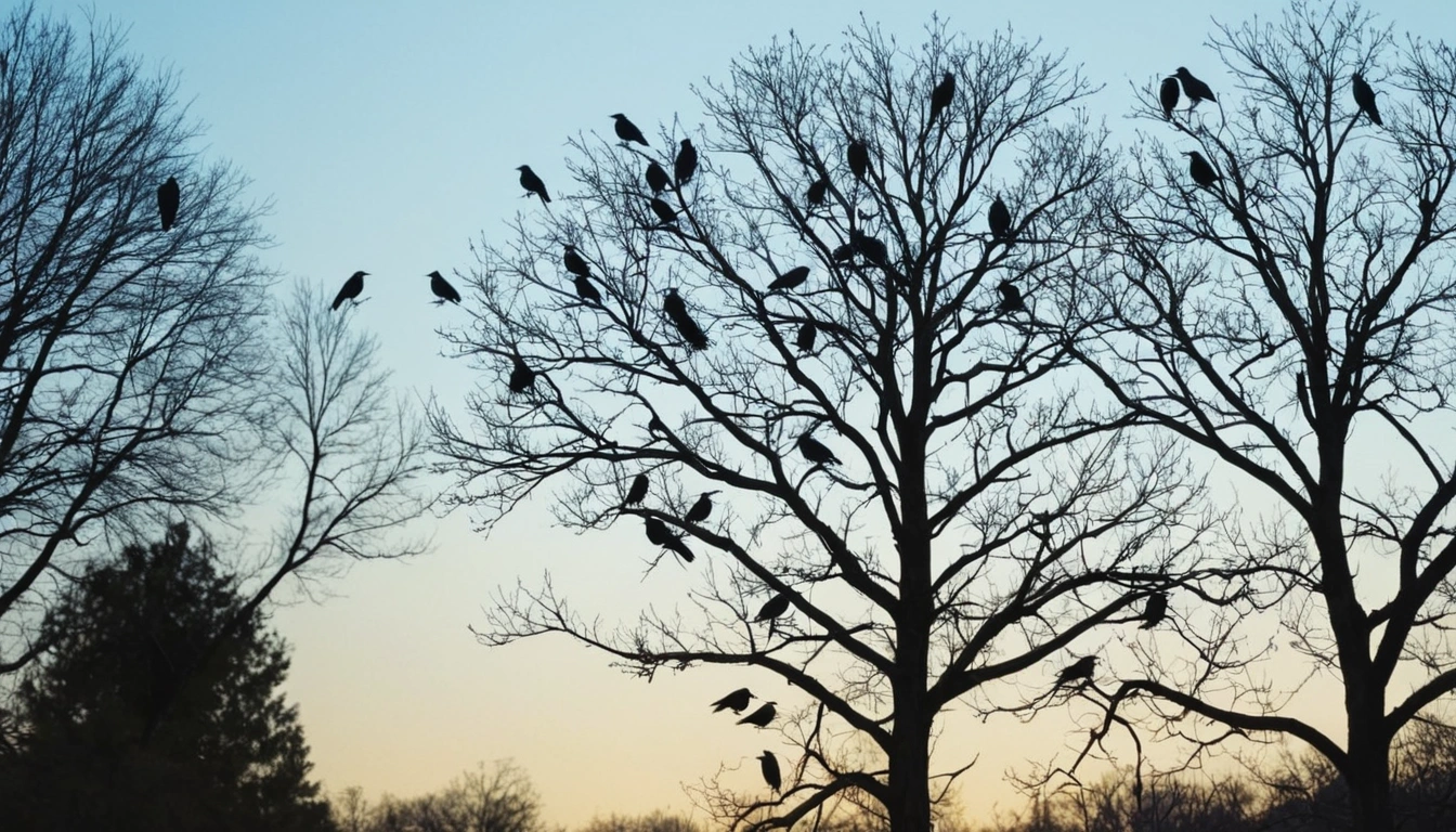 Grupo de cuervos reposando sobre las ramas de un árbol