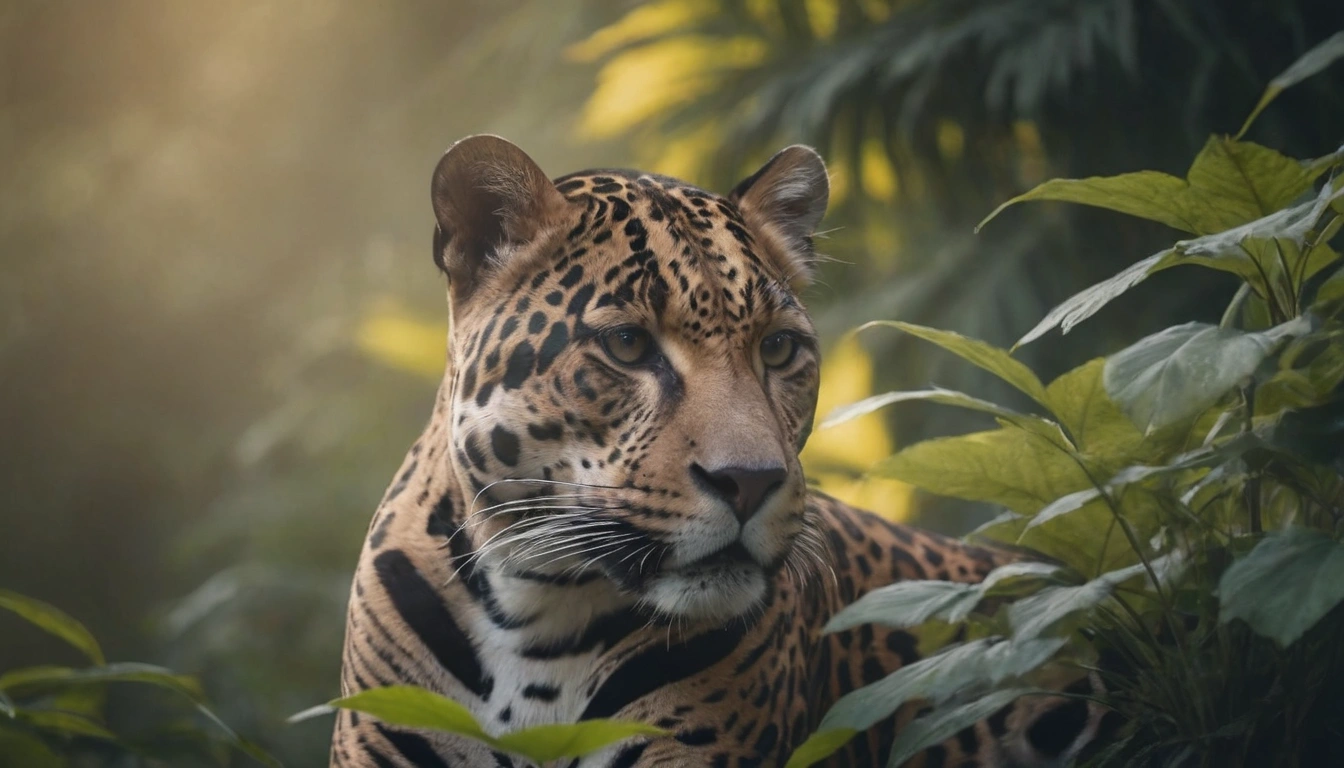 Jaguar acechando cuidadosamente cerca de un cuerpo de agua, potencial depredador de cocodrilos americanos jóvenes