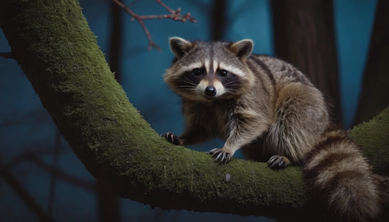 Mapache escalando ágilmente el tronco de un árbol en el bosque