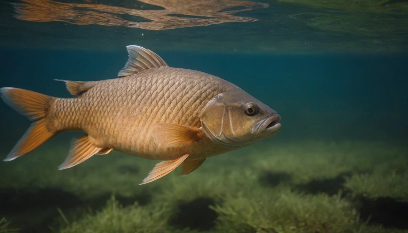 Pez carpa nadando serenamente en su hábitat natural con aguas claras y vegetación acuática