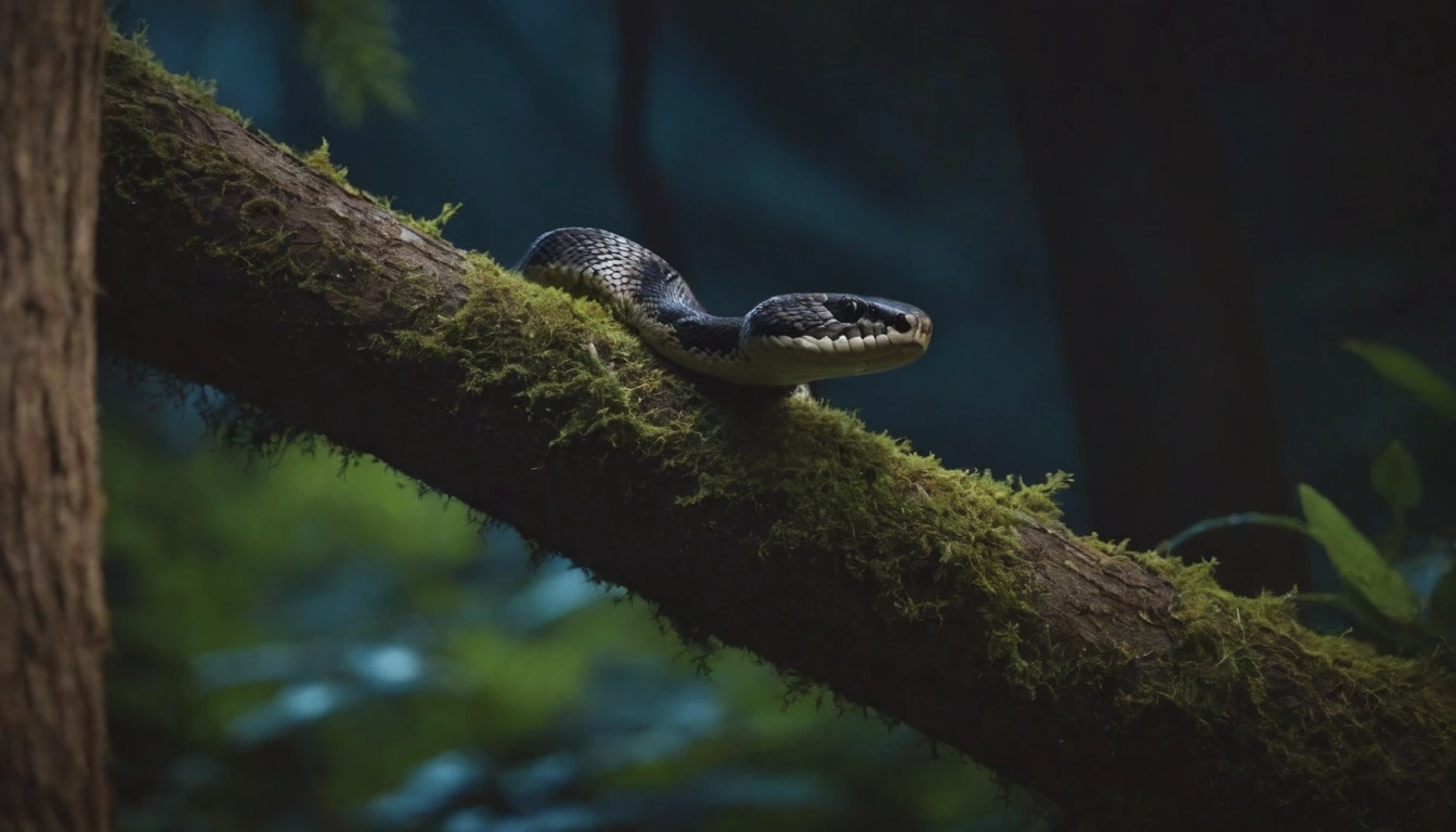 Serpiente escalando un árbol en la oscuridad de la noche en un bosque