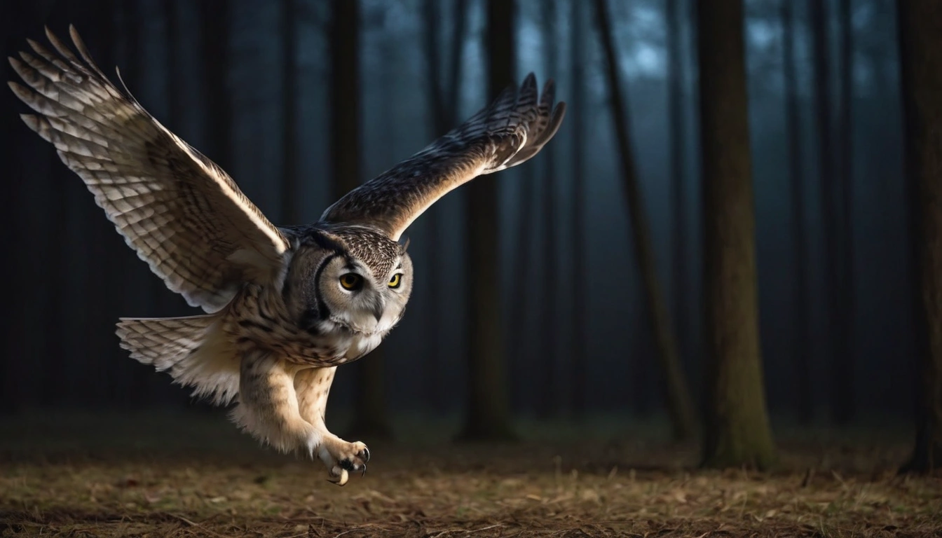 Un búho en un bosque oscuro durante la noche buscando activamente su presa entre los árboles