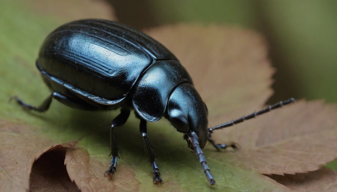 Un escarabajo oculto entre hojas secas en el suelo de un bosque