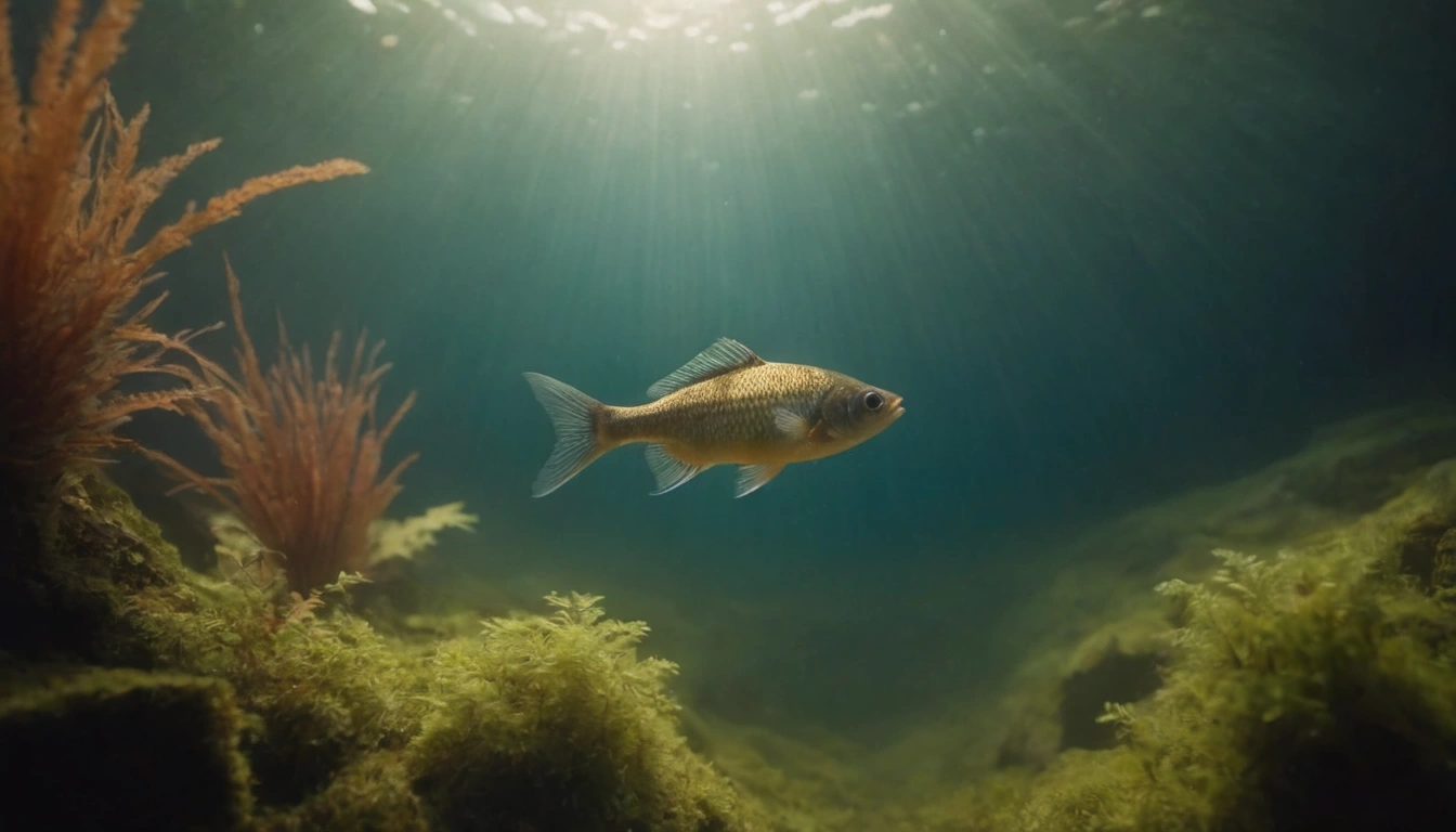 Un pequeño pez nadando oculto entre las sombras y plantas acuáticas de un lago en el bosque