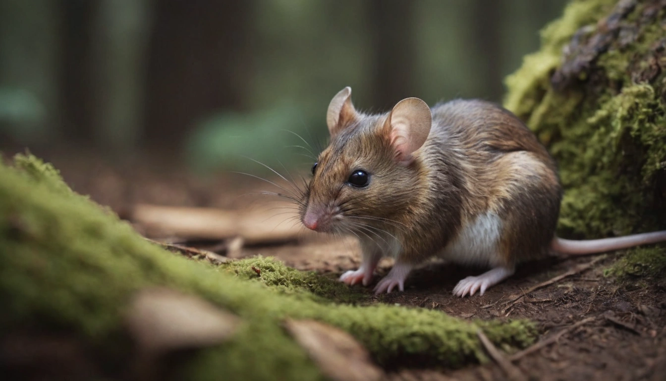 Un pequeño ratón ocultándose entre las hojas y ramas en un bosque