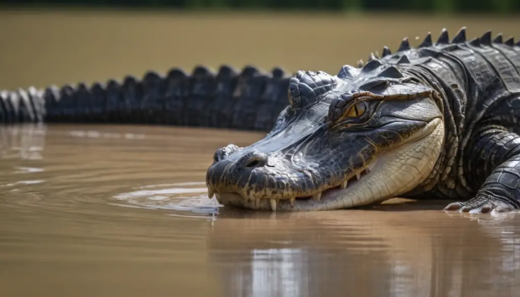 Caimán descansando en la orilla de un lago con su cuerpo parcialmente en el agua y parcialmente en tierra Caimán descansando en la orilla de un lago con su cuerpo parcialmente en el agua y parcialmente en tierra