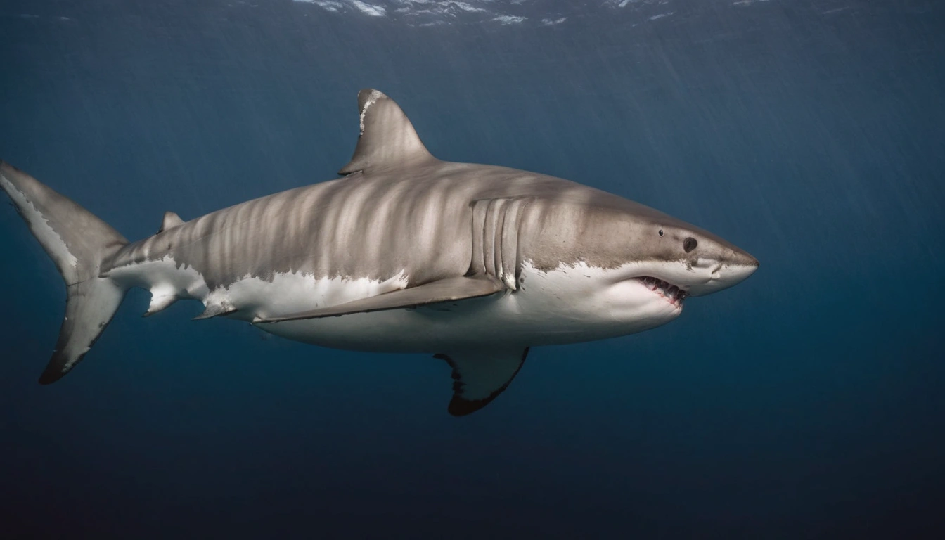 Gran tiburón blanco nadando en las profundidades del océano potencial depredador del atún rojo Gran tiburón blanco nadando en las profundidades del océano potencial depredador del atún rojo