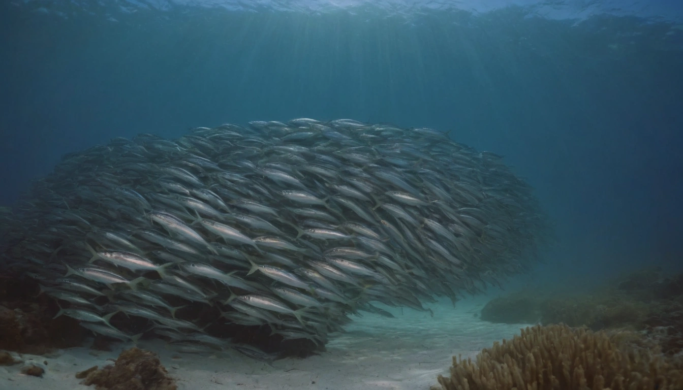 Grupo de sardinas nadando en el océano potencial alimento para el pez espada Grupo de sardinas nadando en el océano potencial alimento para el pez espada