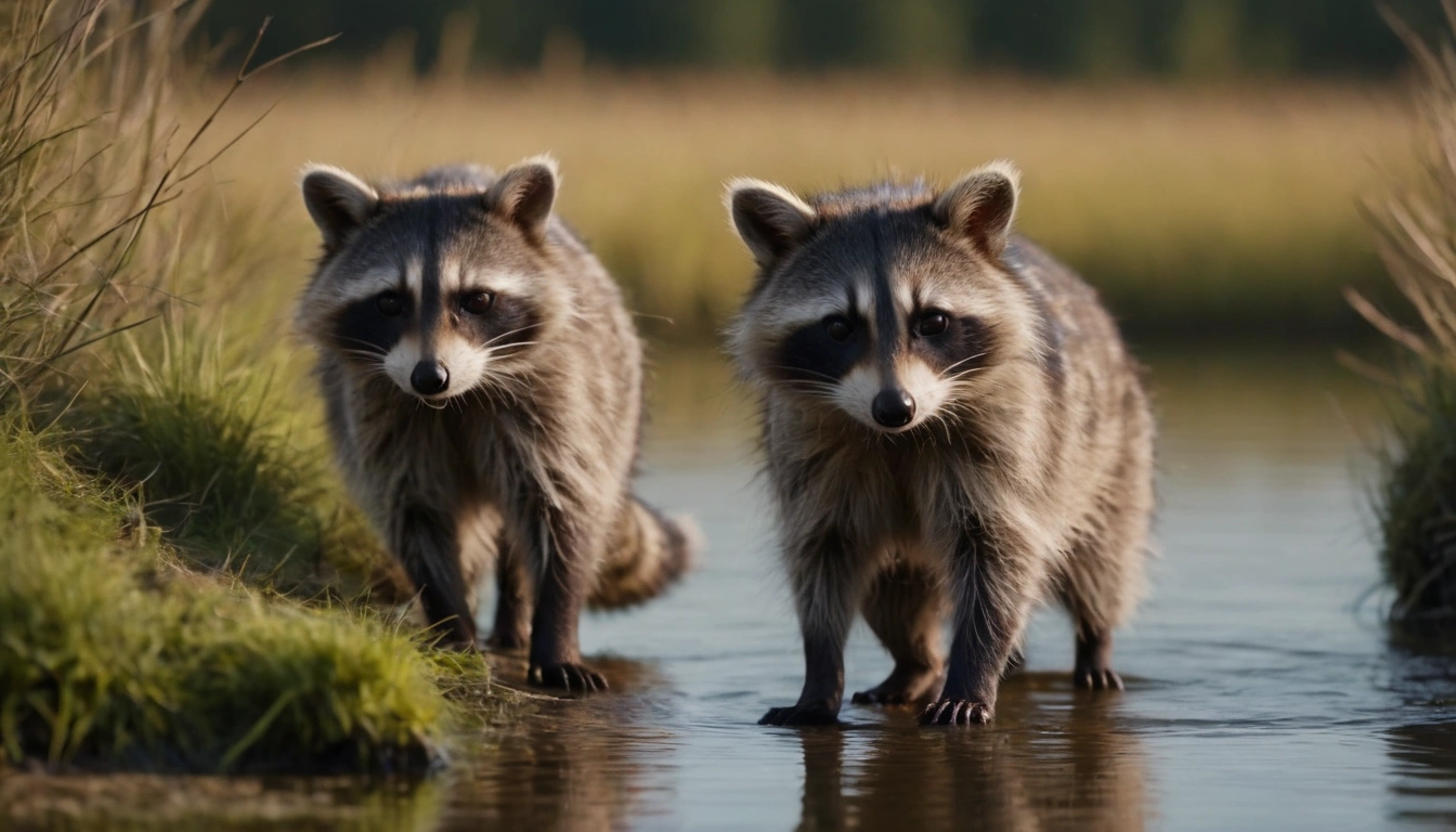 Mapache cerca de un cuerpo de agua en un entorno que también es hábitat de caimanes poniéndose en riesgo potencia Mapache cerca de un cuerpo de agua en un entorno que también es hábitat de caimanes poniéndose en riesgo potencia