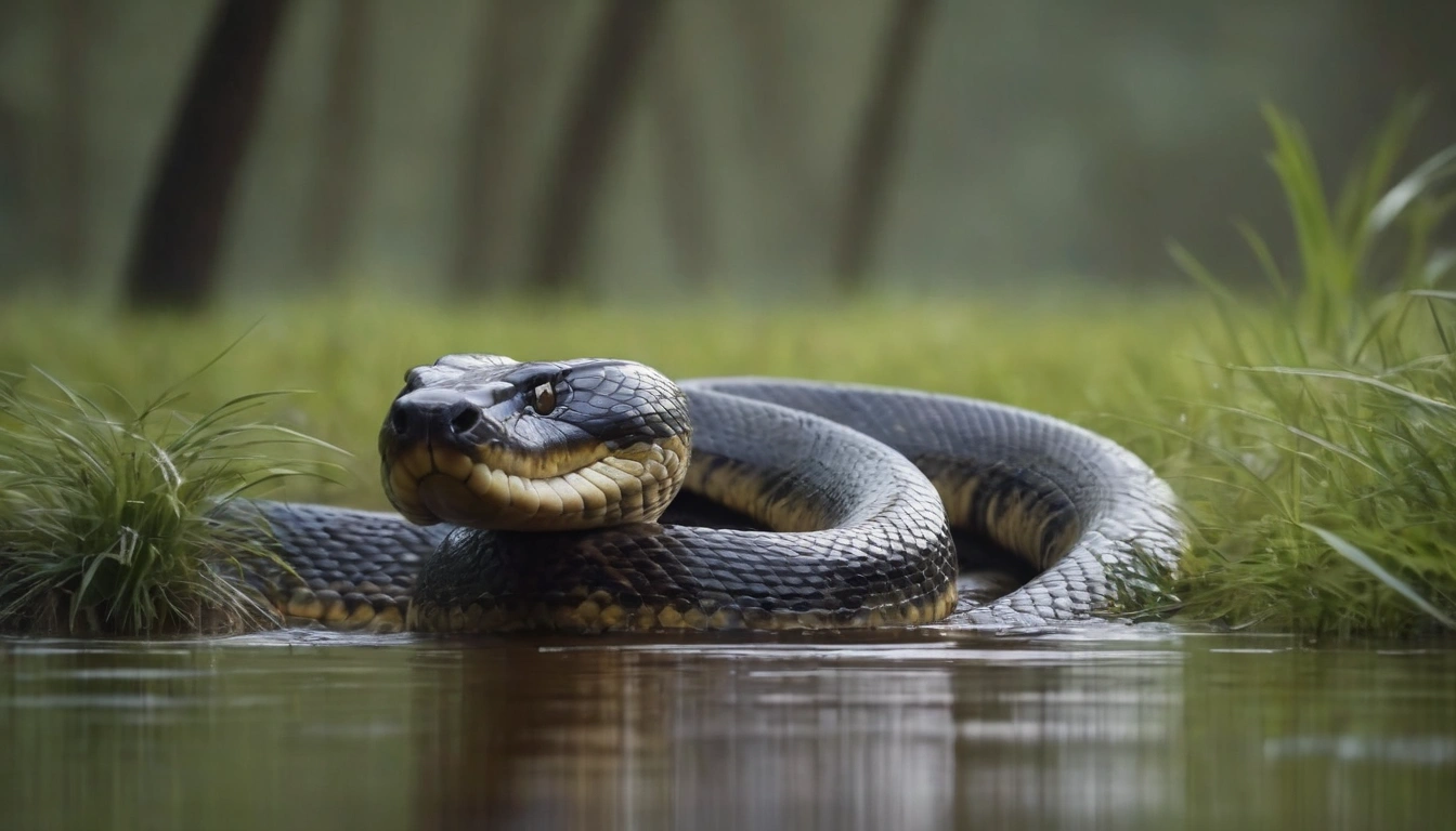 Serpiente anaconda en su hábitat natural una amenaza para los caimanes jóvenes Serpiente anaconda en su hábitat natural una amenaza para los caimanes jóvenes