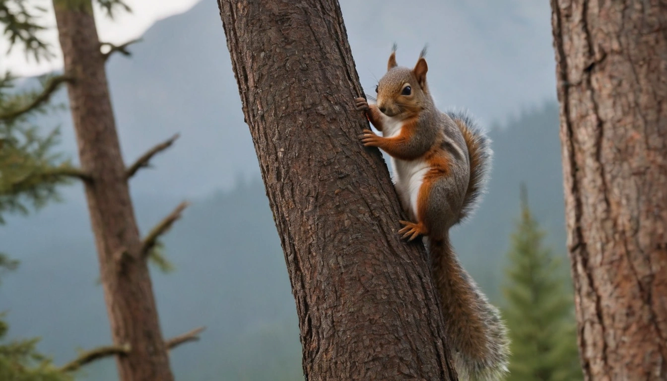 Ardilla subiendo por un tronco una posible fuente de proteínas y grasas para los osos pardos durante el invierno Ardilla subiendo por un tronco una posible fuente de proteínas y grasas para los osos pardos durante el invierno