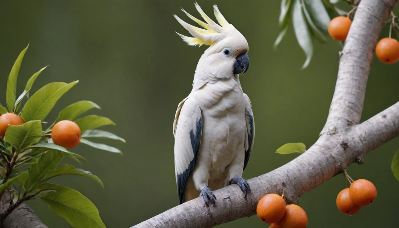 Cacatúa buscando comida entre las frutas de un árbol Cacatúa buscando comida entre las frutas de un árbol