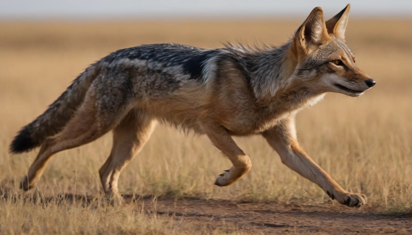 Chacal explorando el territorio en busca de avestruces jóvenes y huevos parte de su dieta ocasional Chacal explorando el territorio en busca de avestruces jóvenes y huevos parte de su dieta ocasional