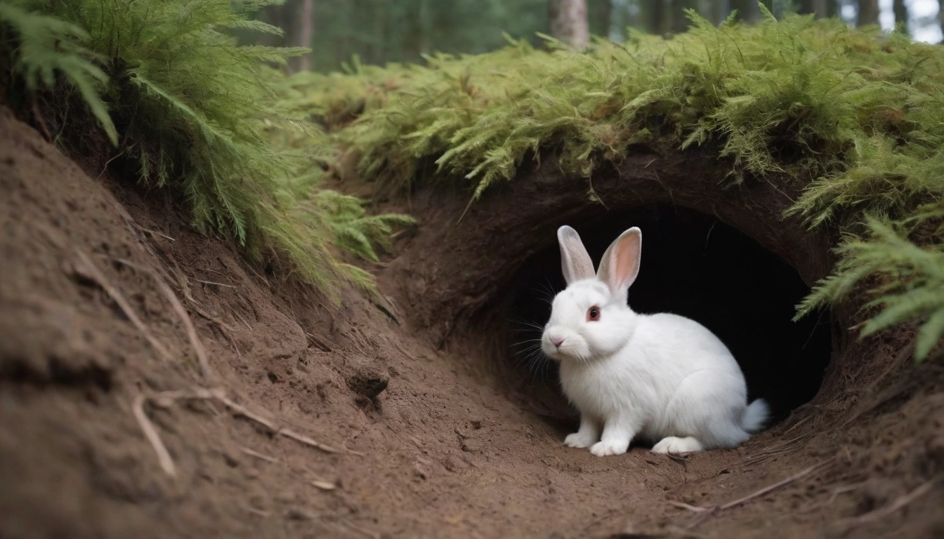 Conejo blanco entrando a su madriguera una posible fuente de grasas y proteínas para los osos negros antes de la hibernación