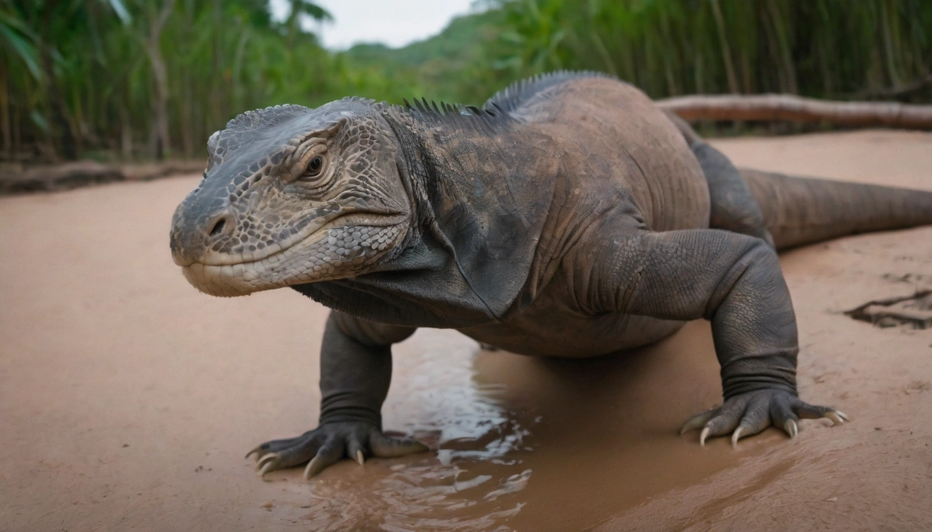 Dragón de Komodo en una zona pantanosa en busca de su próxima presa Dragón de Komodo en una zona pantanosa en busca de su próxima presa
