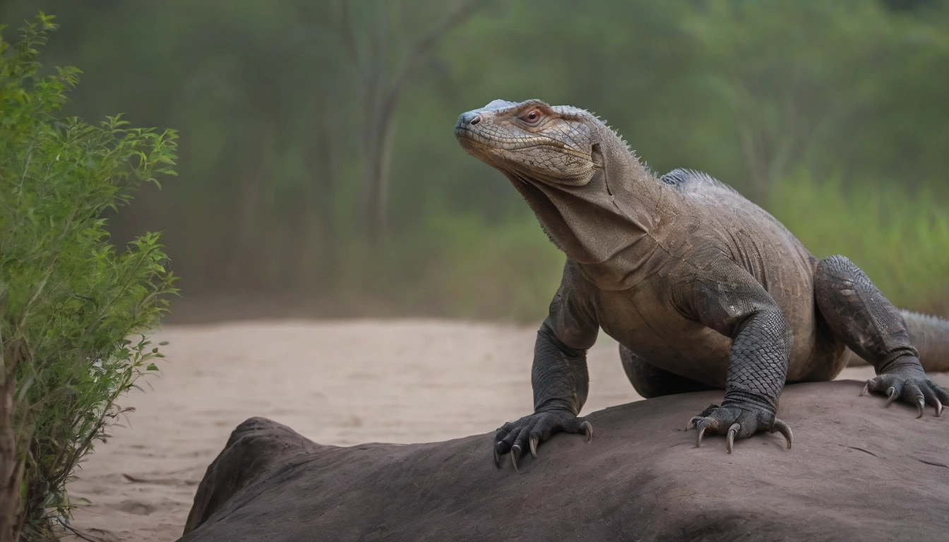 El rey de la isla Dragón de Komodo descansando sobre una roca en su hábitat natural