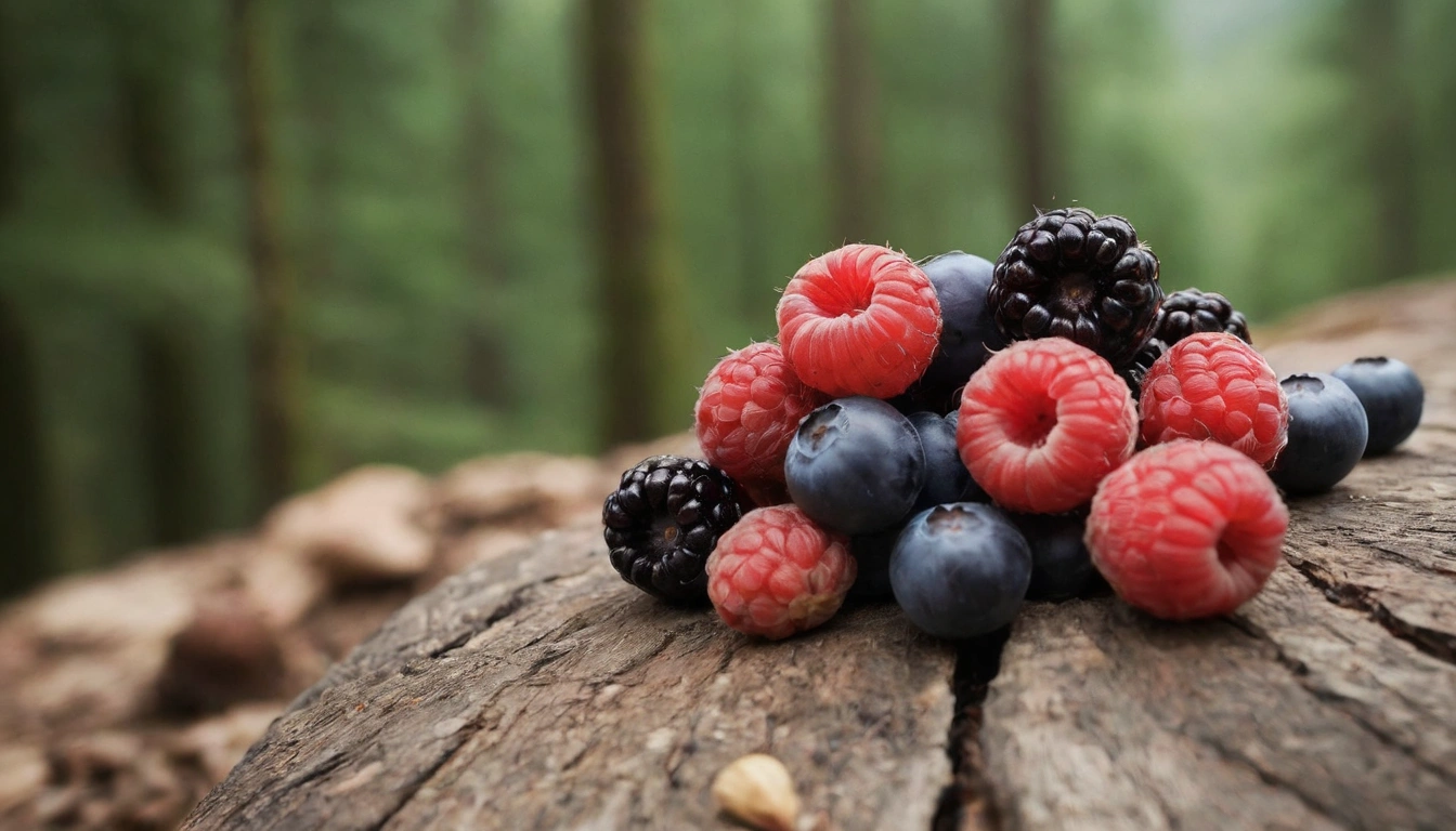 Frutas y bayas en el suelo silvestre que podrían servir de alimento para osos pardos Frutas y bayas en el suelo silvestre que podrían servir de alimento para osos pardos