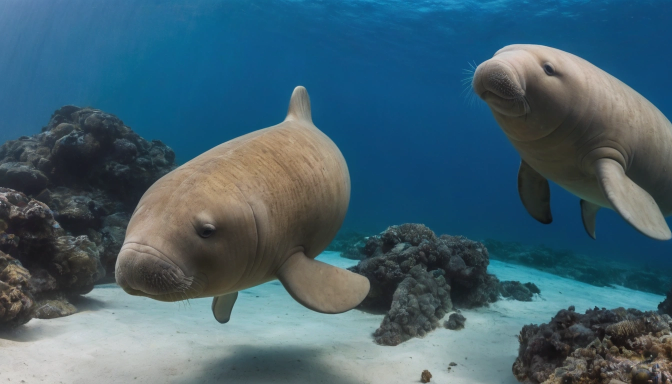 Grupos de dugongos nadando en el fondo marino del océano Pacífico