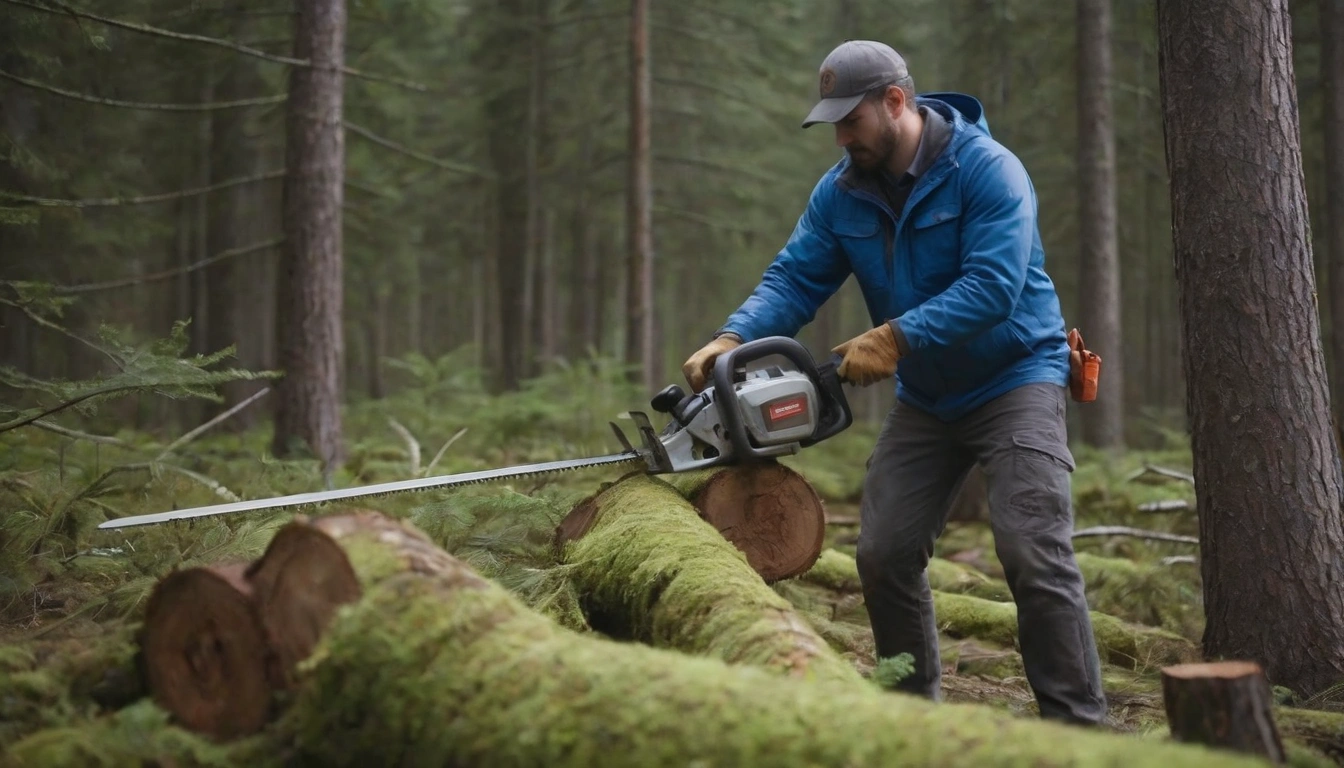 Hombre talando árboles en el bosque poniendo en peligro el hábitat del oso Pardo Hombre talando árboles en el bosque poniendo en peligro el hábitat del oso Pardo