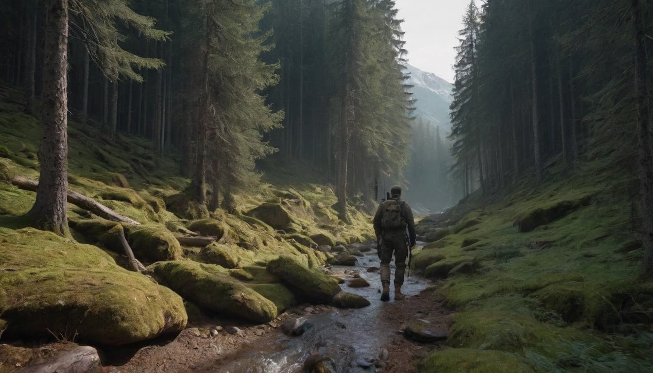 Humano cazador en un bosque denso representando una gran amenaza para los osos Grizzly por la caza ilegal Humano cazador en un bosque denso representando una gran amenaza para los osos Grizzly por la caza ilegal