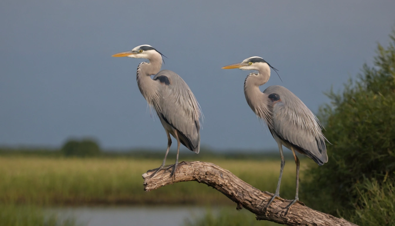 Imagen de garzas posadas sobre una rama seca aves acuáticas que pueden capturar peces pirañas como presa Imagen de garzas posadas sobre una rama seca aves acuáticas que pueden capturar peces pirañas como presa