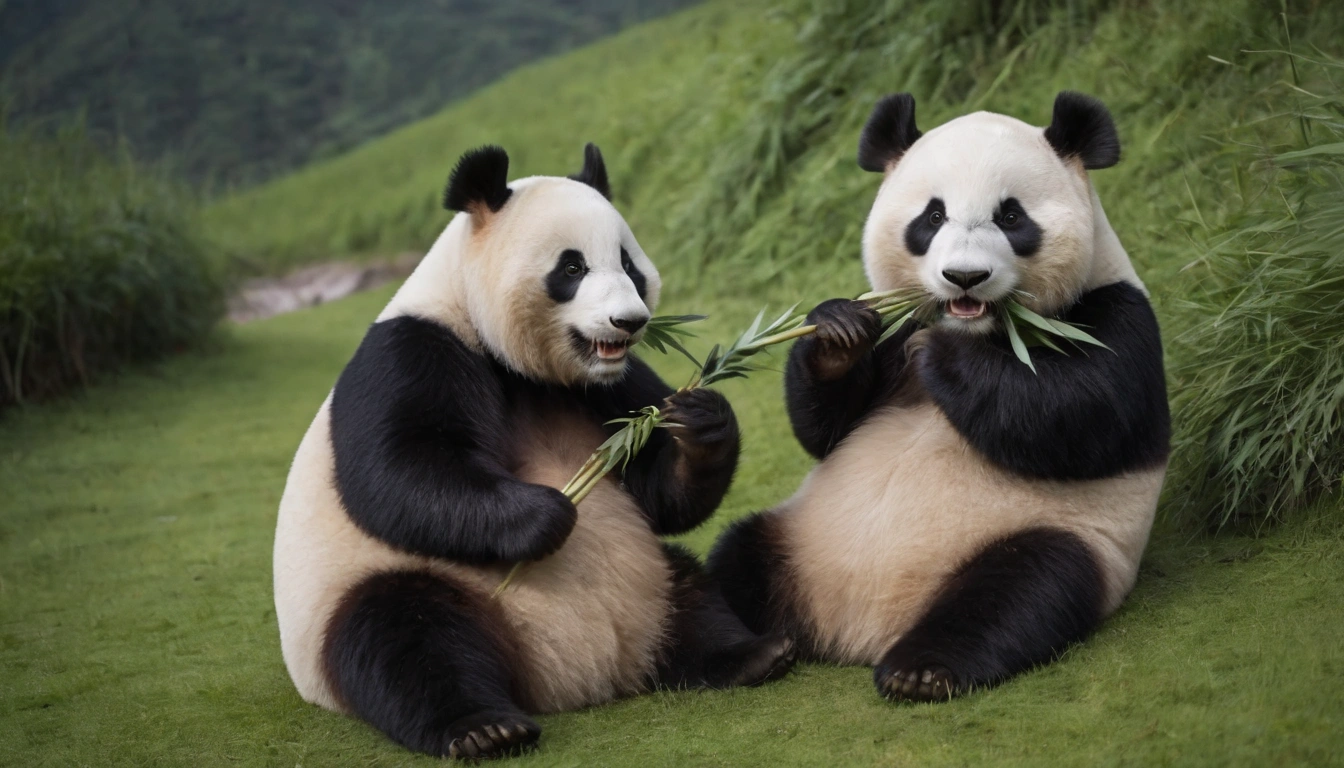 Imagen de pandas gigantes comiendo tranquilamente ramas de bambú