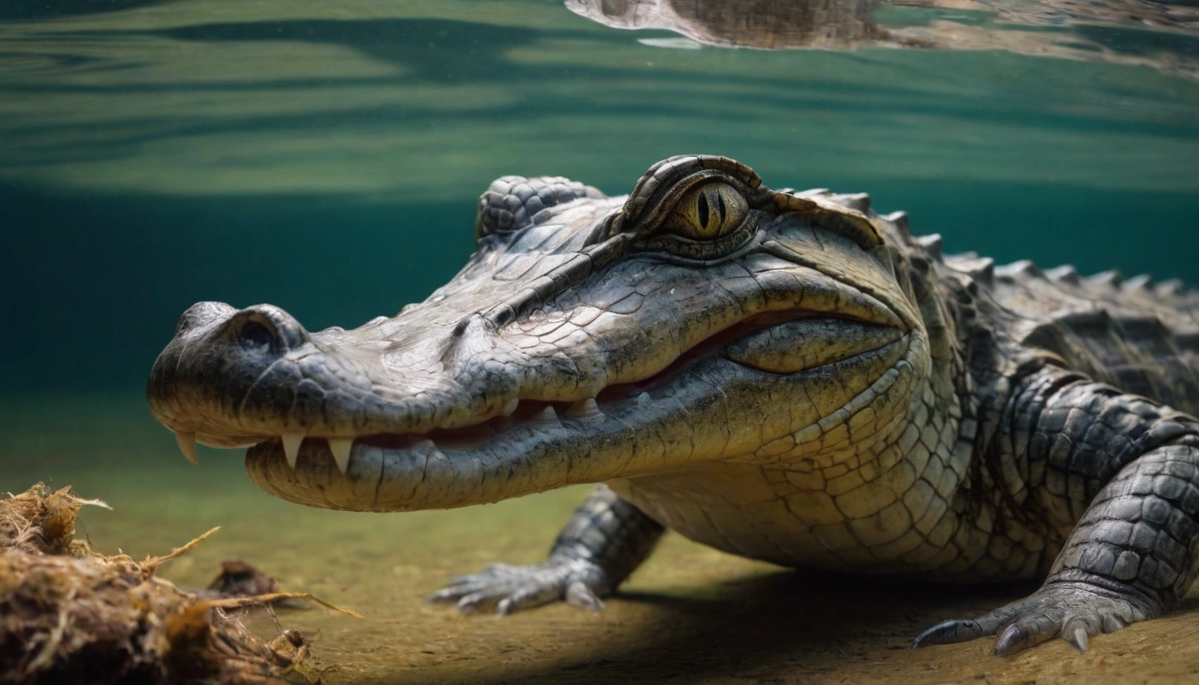 Imagen de un caimán reposando en el fondo del río uno de los principales depredadores de los peces piraña Imagen de un caimán reposando en el fondo del río uno de los principales depredadores de los peces piraña