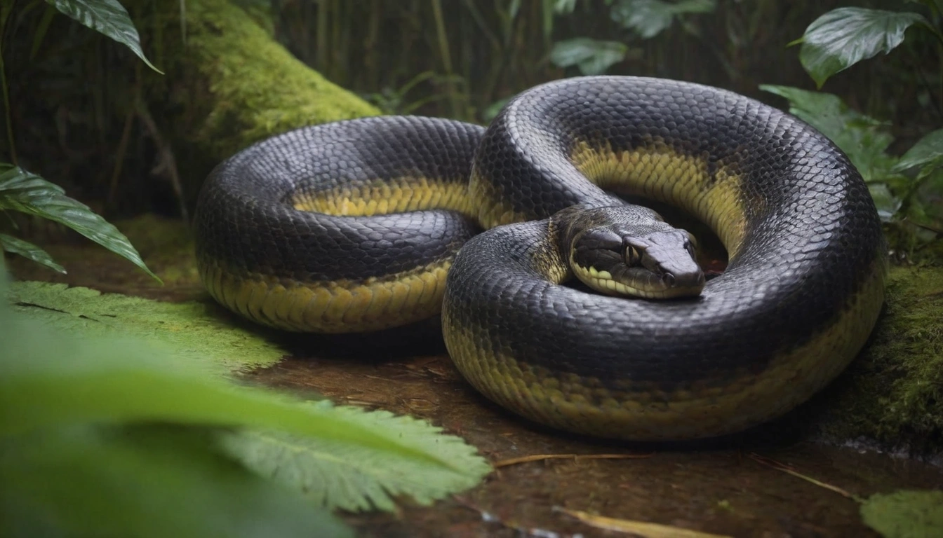 Imagen de una anaconda enrollada sobre sí misma una serpiente acuática capaz de cazar pirañas Imagen de una anaconda enrollada sobre sí misma una serpiente acuática capaz de cazar pirañas