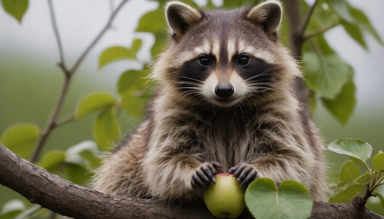 Mapache en un árbol sosteniendo una manzana