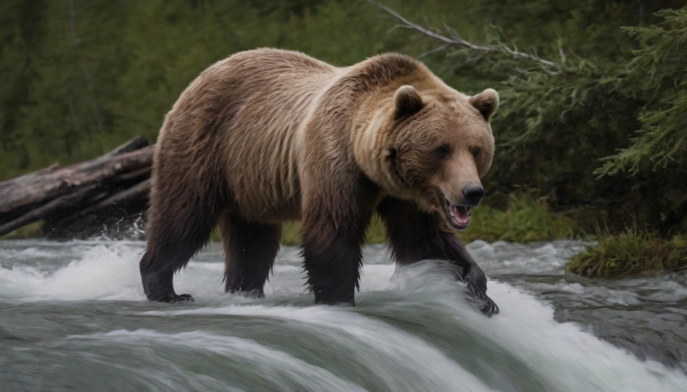 Oso Grizzly buscando peces en el arroyo de un río Oso Grizzly buscando peces en el arroyo de un río