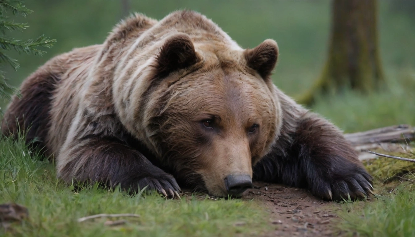 Oso Grizzly enfermo descansando en el suelo del bosque Oso Grizzly enfermo descansando en el suelo del bosque