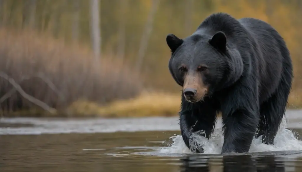 Oso negro cruzando un pequeño río en su entorno boscoso