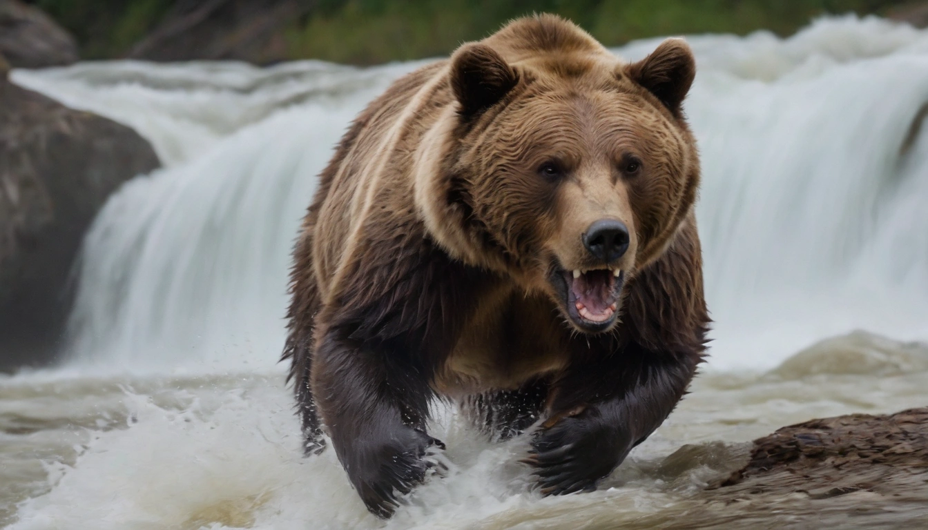 Oso pardo en plena persecución de su presa mientras desciende por el río Oso pardo en plena persecución de su presa mientras desciende por el río