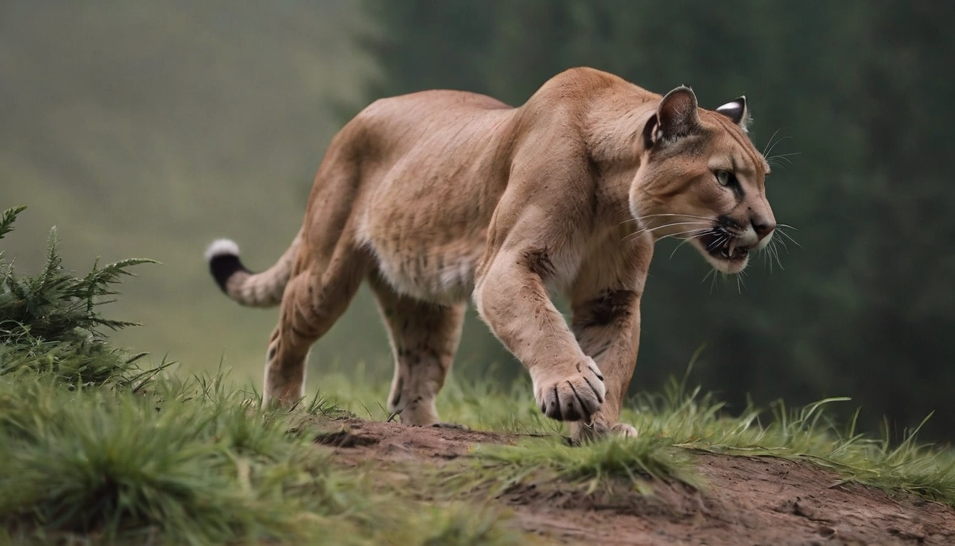 Puma acechando una presa potencialmente un osezno o un oso pardo enfermo Puma acechando una presa potencialmente un osezno o un oso pardo enfermo