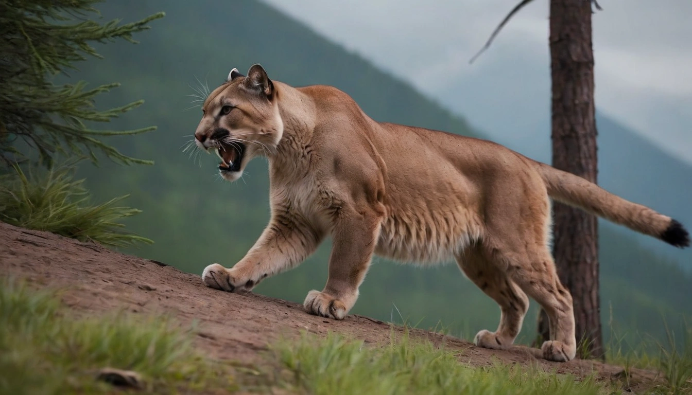 Puma en un bosque denso un posible depredador de osos negros jóvenes