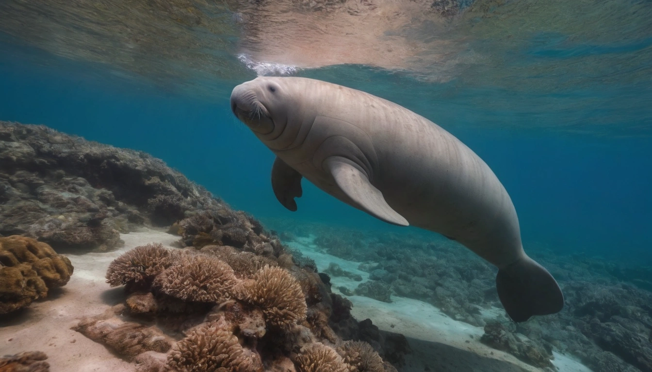 Un dugongo, mamífero marino herbívoro, nadando en su hábitat natural Un dugongo, mamífero marino herbívoro, nadando en su hábitat natural.