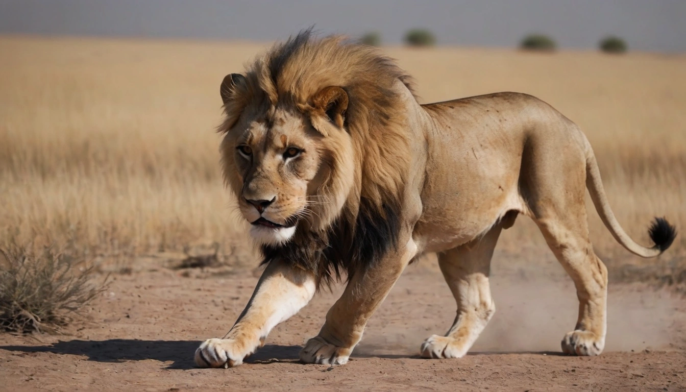 Un león, poderoso mamífero carnívoro, en su hábitat natural Un león, poderoso mamífero carnívoro, en su hábitat natural.