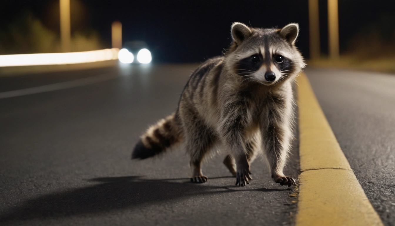 Un mapache cruza una carretera con tráfico nocturno, una situación peligrosa para este animal.