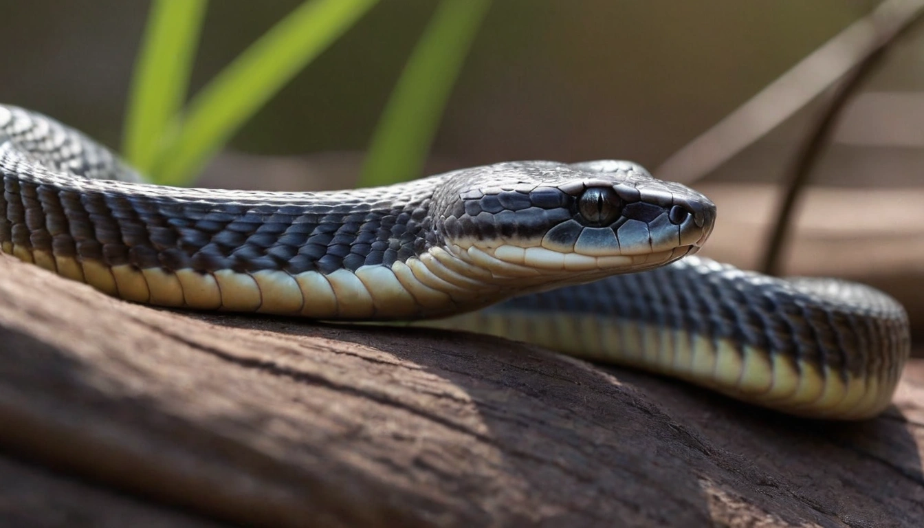 Una serpiente enroscada, representando una amenaza para los mapaches jóvenes.