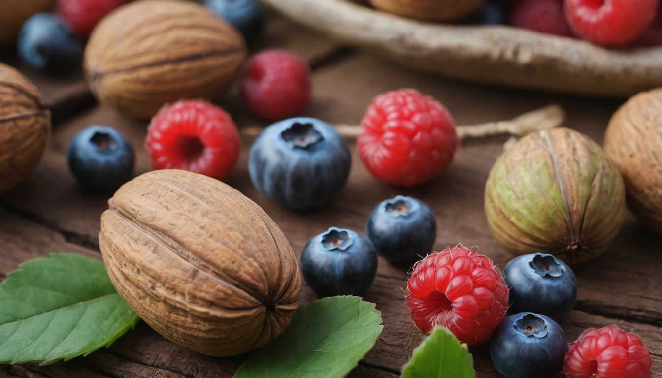 Variedad de bayas y frutas en una superficie de madera una fuente importante de alimentos para los osos negros durante el verano