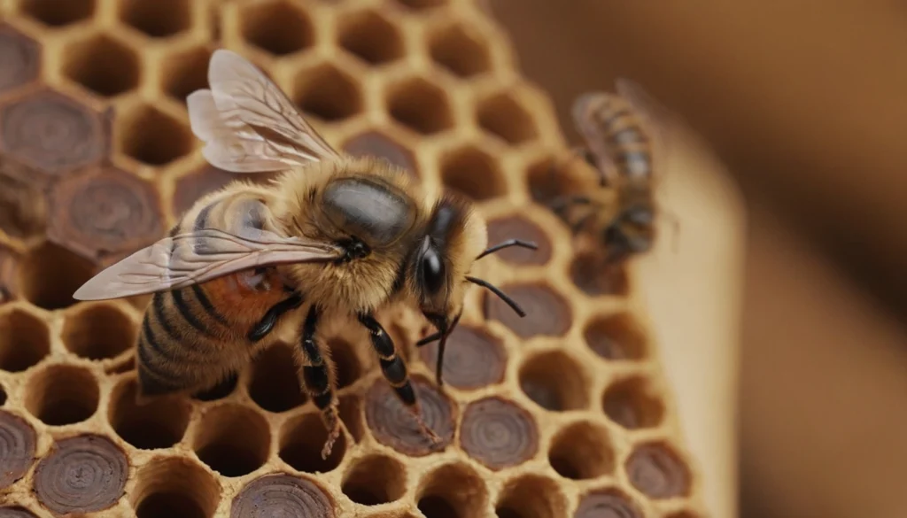 Abeja (Apis mellifera) trabajando dentro de su panal, mostrando la vida diaria dentro de la colmena