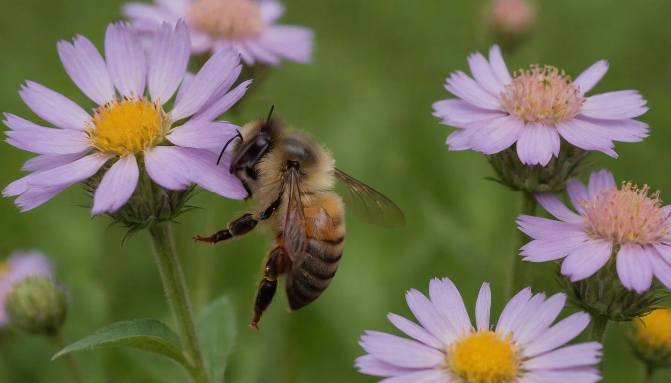 Abeja acercándose a una flor en busca de néctar, cumpliendo su rol vital en la polinización Abeja acercándose a una flor en busca de néctar, cumpliendo su rol vital en la polinización.