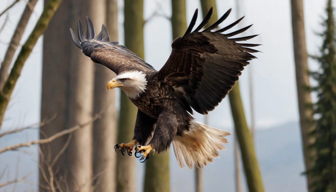 Águila en vuelo con las alas extendidas en el bosque, un posible predador de lechuzas Águila en vuelo con las alas extendidas en el bosque, un posible predador de lechuzas.