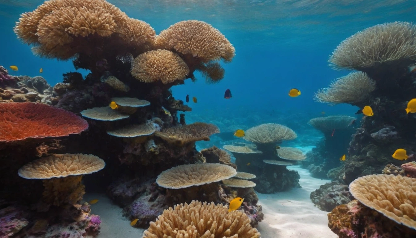 Arrecifes de coral, estructuras submarinas formadas por el crecimiento acumulado de corales, conocidas por su colorido y biodiversidad.