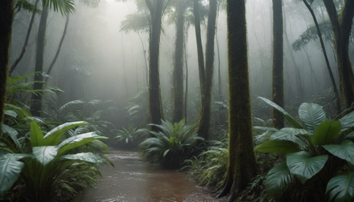 Bosque tropical denso con vegetación exuberante y ambiente húmedo, ideal para anfibios.