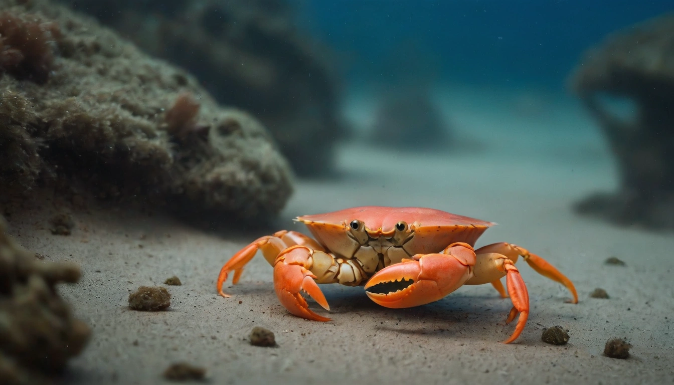 Cangrejo en el fondo del mar, una de las posibles presas para la tortuga marina Cangrejo en el fondo del mar, una de las posibles presas para la tortuga marina.