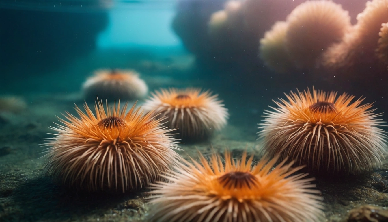 Erizos de mar en el fondo del océano, una fuente de comida para las tortugas marinas Erizos de mar en el fondo del océano, una fuente de comida para las tortugas marinas.